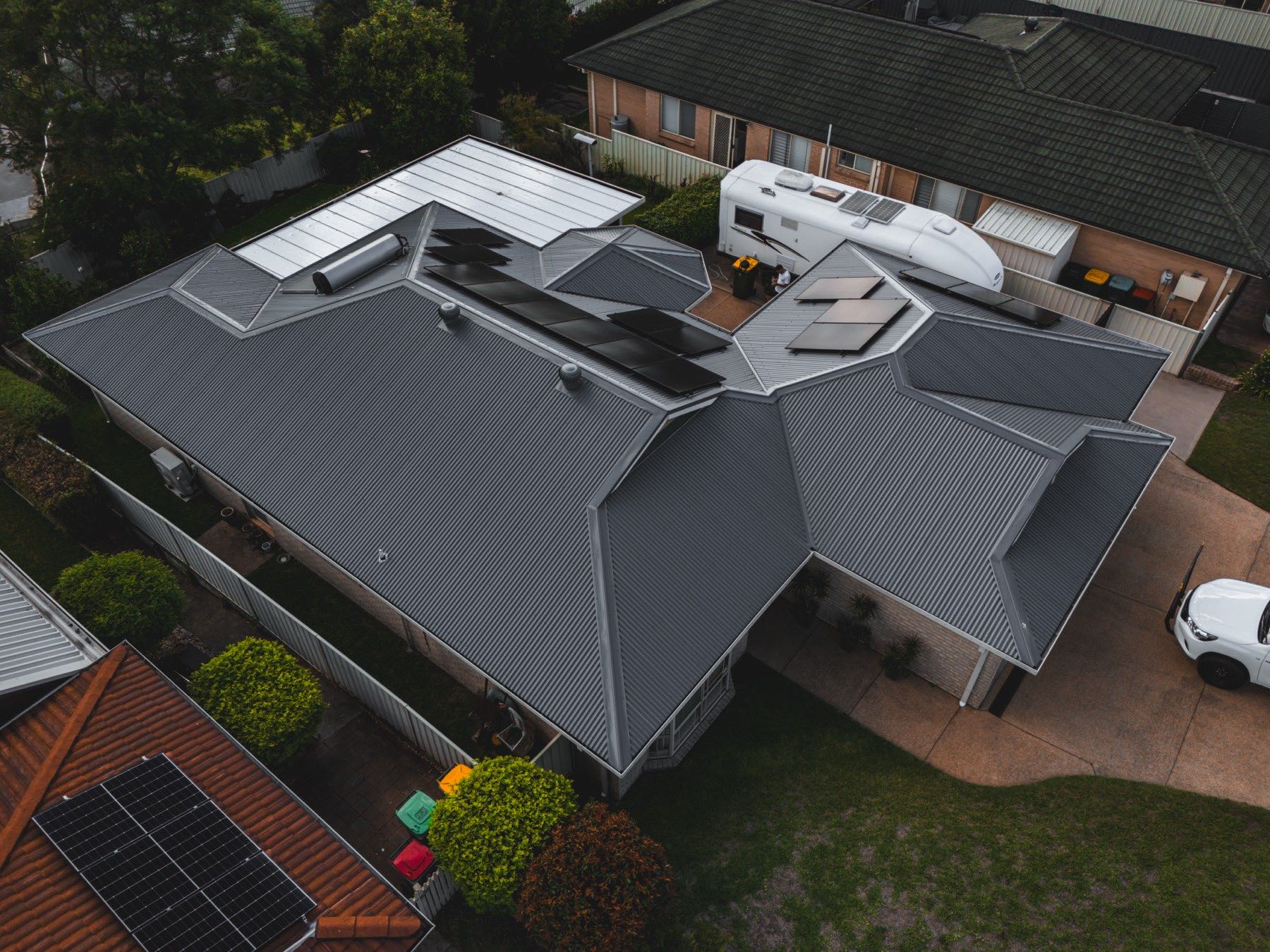 Drone view of a finished Colorbond re-roof, Maryland